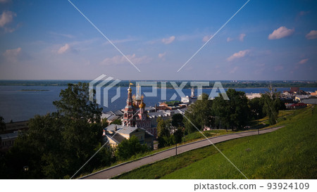 Exterior view to Church of the Nativity of the Blessed Virgin Mary, aka Nativity or Stroganov, and confuence Oka and Volga riversNizhny Novgorod, Russia 93924109