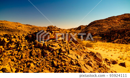 Aerial panoramic view to El Berdj mountain and erg gorge in Tassili nAjjer national park, Algeria Aerial panoramic view to El Berdj mountain and erg gorge in Tassili nAjjer national park, Algeria 93924111