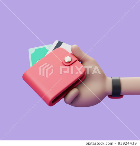 Cartoon hand holding wallet with banknote and credit card on violet background. Simple 3d render illustration. Cartoon hand holding wallet with banknote and credit card on violet background. Simple 3d render illustration. 93924439