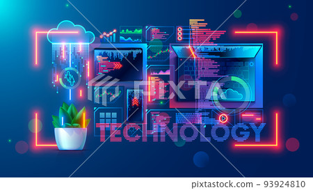 Software development technology concept. Programming, coding, testing application for mobile devices. Laptop, phone, tablet on table top view. Abstract design elements of interface on screen computer. Software development technology concept. Programming, coding, testing application for mobile devices. Laptop, phone, tablet on table top view. Abstract design elements of interface on screen computer. 93924810