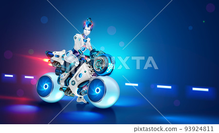 Woman cyborg biker on futuristic bike. Beautiful girl robot on motorbike. Cool female biker on white sport motorcycle with spherical wheels on road. Sci-fi vehicle or transport. Cyberpunk wallpaper. 93924811