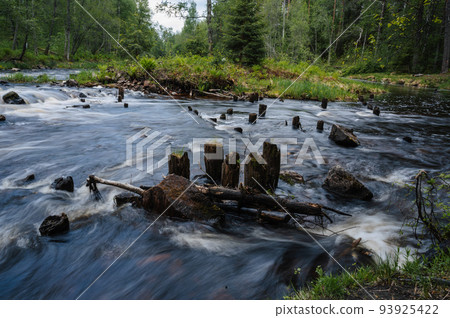 waterfall in the river with stones in the forest in summer waterfall in the river with stones in the forest in summer 93925422