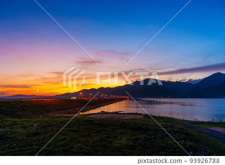 View of landscape nature and river and mountain in evening light, View of landscape nature and river and mountain in evening light, 93926788