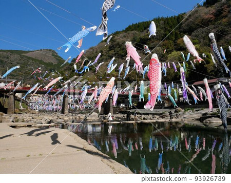 Carp streamers reflected on the surface of the river (Tsuetate Onsen, Oguni Town, Kumamoto Prefecture) 93926789