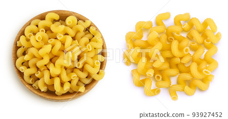 raw pasta cavatappi in wooden bowl isolated on white background with full depth of field. Top view. Flat lay 93927452