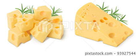 cubes of cheese isolated on white background with full depth of field 93927544