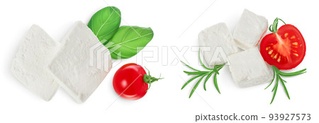 Feta cheese isolated on white background. With full depth of field. Top view. Flat lay Feta cheese isolated on white background. With full depth of field. Top view. Flat lay 93927573