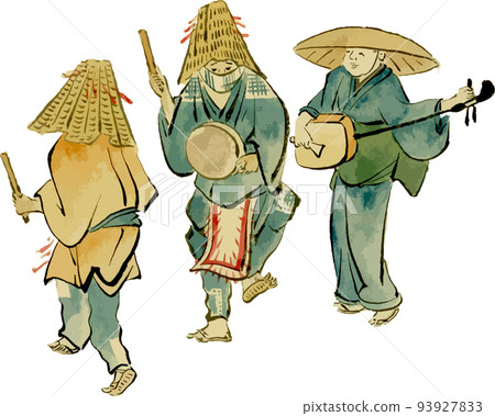 三個男人一邊打太鼓和三味線一邊跳舞 三個男人一邊打太鼓和三味線一邊跳舞 93927833