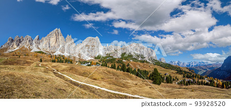 Autumn alpine Dolomites rocky mountain scene, Sudtirol, Italy. Peaceful view near Gardena Pass. Autumn alpine Dolomites rocky mountain scene, Sudtirol, Italy. Peaceful view near Gardena Pass. 93928520