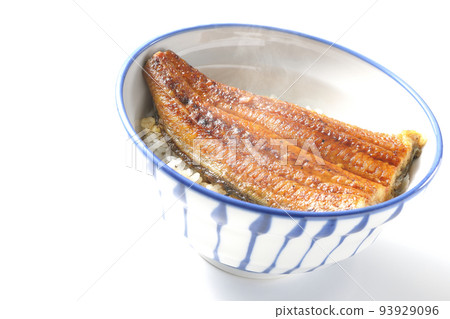 A hot eel bowl with grilled eel on top of white rice, photographed against a white background A hot eel bowl with grilled eel on top of white rice, photographed against a white background 93929096
