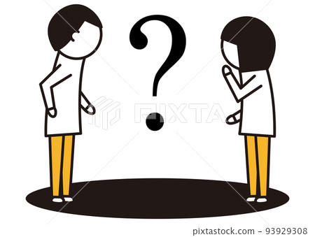 Facing men and women and question marks _ line drawing illustration _ black and yellow 93929308
