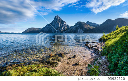 Peaceful autumn Alps mountain lake. Morning panoramic view to Traunsee lake and Traunstein mountain in far, Upper Austria. 93929320