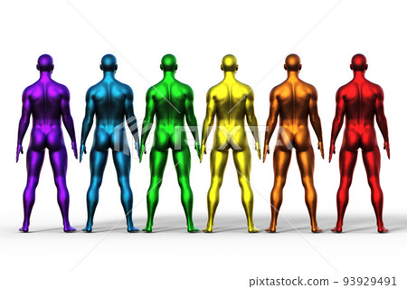 3D render. Row of naked multicolored men stand with their backs against a white background.  93929491