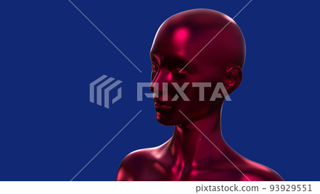 3D render portrait of a red bald woman on a blue background. 3D render portrait of a red bald woman on a blue background. 93929551