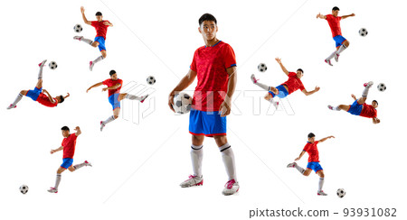 Portrait of young man, football player training, playing, posing isolated over white studio background. Collage Portrait of young man, football player training, playing, posing isolated over white studio background. Collage 93931082
