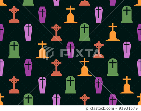 Cemetery seamless pattern. Multicolored graves. Silhouettes of headstones and crosses in halloween colors. Design of advertising products, banners and posters. Vector illustration 93931579