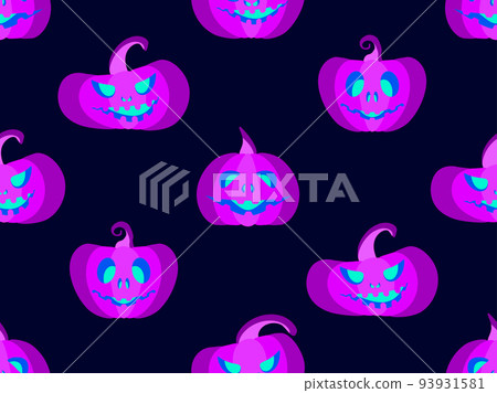 Halloween seamless pattern with purple pumpkins on a black background. The pumpkin glows blue. Carved Halloween pumpkin face. Design of promotional products, banner and poster. Vector illustration Halloween seamless pattern with purple pumpkins on a black background. The pumpkin glows blue. Carved Halloween pumpkin face. Design of promotional products, banner and poster. Vector illustration 93931581
