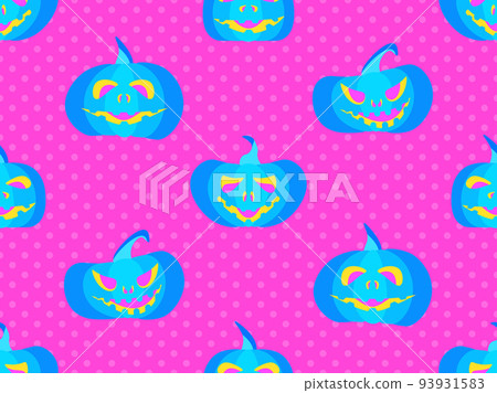 Pumpkins on a dotted background in the style of the 80s. Halloween seamless pattern in pop art style. Design for promotional products, wrapping paper, brochures and printing. Vector illustration 93931583
