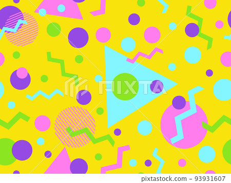Geometric seamless pattern in 80s memphis style. Colorful geometric shapes on yellow background. Design for promotional products, wrapping paper, brochures and printing. Vector illustration Geometric seamless pattern in 80s memphis style. Colorful geometric shapes on yellow background. Design for promotional products, wrapping paper, brochures and printing. Vector illustration 93931607