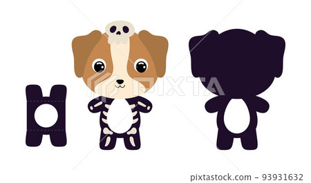 Cute die cut Halloween dog chocolate egg holder template. Cartoon animal character in a skeleton costume. Retail paper box for the easter egg. Printable color scheme. Vector stock illustration 93931632