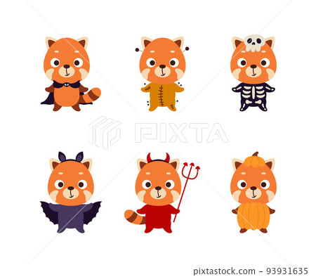 Cute Halloween red panda set. Cartoon animal character collection for kids t-shirts, nursery decoration, baby shower, greeting card, invitation. Vector stock illustration Cute Halloween red panda set. Cartoon animal character collection for kids t-shirts, nursery decoration, baby shower, greeting card, invitation. Vector stock illustration 93931635