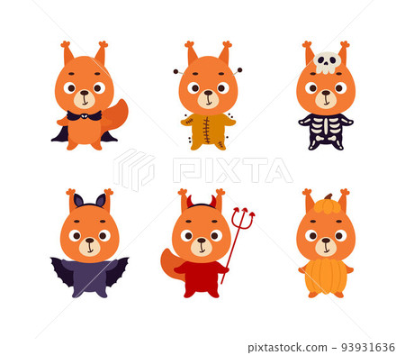 Cute Halloween squirrel set. Cartoon animal character collection for kids t-shirts, nursery decoration, baby shower, greeting card, invitation. Vector stock illustration 93931636
