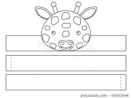 Printable giraffe paper crown. Diy cut party ribbon template for birthday, christmas, baby shower. Fun accessory for entertainment. Print, color, cut and glue. Vector stock illustration. 93931646
