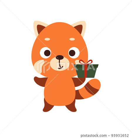 Cute little red panda with gift box on white background. Cartoon animal character for kid t-shirt, nursery decoration, baby shower, greeting card, invitation, house interior. Vector stock illustration Cute little red panda with gift box on white background. Cartoon animal character for kid t-shirt, nursery decoration, baby shower, greeting card, invitation, house interior. Vector stock illustration 93931652
