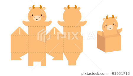 Simple packaging favor box cow design for sweets, candies, small presents. Party package template for any purposes, birthday, baby shower. Print, cut out, fold, glue. Vector stock illustration 93931713