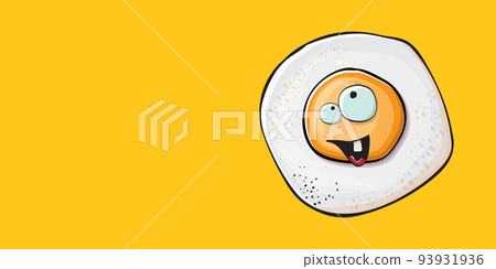 Vector cartoon fried egg character isolated on orange background. Cute fried egg for good morning concept illustration. Funky cartoon egg character for printing on tee, menu and food poster Vector cartoon fried egg character isolated on orange background. Cute fried egg for good morning concept illustration. Funky cartoon egg character for printing on tee, menu and food poster 93931936