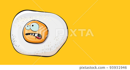 Vector cartoon fried egg character isolated on orange background. Cute fried egg for good morning concept illustration. Funky cartoon egg character for printing on tee, menu and food poster 93931946