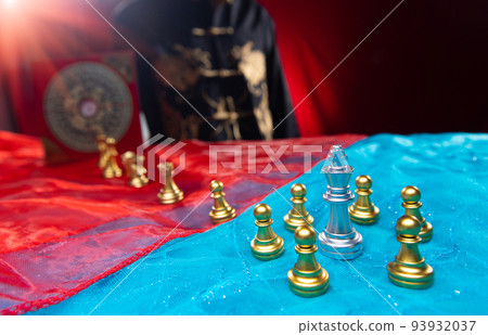 Chess on Red Blue Fabric as abstract of USA, China, Taiwan Crisis Map. Conflict Dispute military Strategy of China surrounding Taiwan border sea is to sanction trade chip technology. copy space Chess on Red Blue Fabric as abstract of USA, China, Taiwan Crisis Map. Conflict Dispute military Strategy of China surrounding Taiwan border sea is to sanction trade chip technology. copy space 93932037