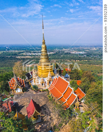 Aerial view of Wat Phra Phutthabat Tak Pha temple on top of the mountain in Lamphun, Thailand 93932389