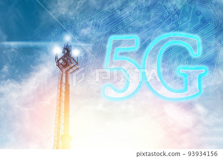 Telecommunications antenna against a clear blue sky with the image of a chip and 5G. The concept of communication, technologies and telecommunications Telecommunications antenna against a clear blue sky with the image of a chip and 5G. The concept of communication, technologies and telecommunications 93934156