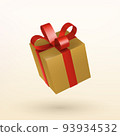 Christmas golden gift box with red ribbon bow. 3D Xmas realistic vector object. 93934532