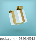 Christmas white gift box with gold ribbon bow. 3D Xmas realistic vector object. 93934542