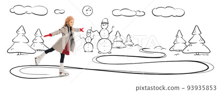 Creative design with drawn elements. Stylish little girl, child skating. Winter holidays, hobby, pleasant time 93935853