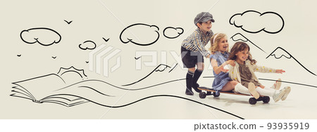 Cheerful, playful children, boy and girls playing together, having fun, skateboarding. Dreaming doodles 93935919