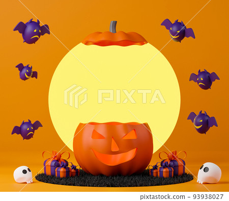 3d rendering Halloween day illustration with copy space for text or message. Big Jack O Lantern with skull, gift box, bat and moon. 3d rendering Halloween day illustration with copy space for text or message. Big Jack O Lantern with skull, gift box, bat and moon. 93938027