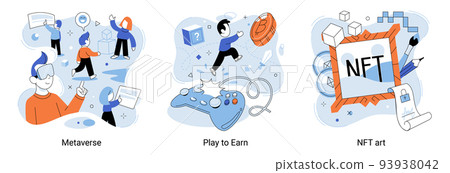 Metaverse digital cyber world technology, NFT token in artwork, play to earn illustrations set metaphor Metaverse digital cyber world technology, NFT token in artwork, play to earn illustrations set metaphor 93938042