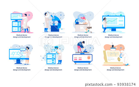 Medical device design and development banner with scientist develop equipment and experiment metaphor 93938174