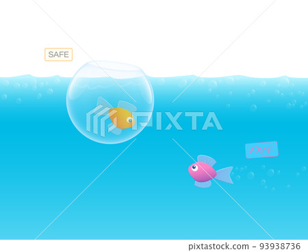 Single fish in a goldfish bowl, safe and secure, looking at a free fish enjoying the reedom in the wide big blue ocean. Vector comic illustration. Single fish in a goldfish bowl, safe and secure, looking at a free fish enjoying the reedom in the wide big blue ocean. Vector comic illustration. 93938736