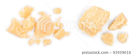 Parmesan cheese pieces isolated on white background. Closeup. Top view. Flat lay 93939018