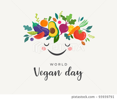 World Vegan Day, Concept Design. Cute character with vegetables crown, fruits, leaves and nuts. For 93939791