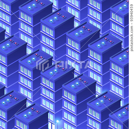 Night isometric smart blue ultraviolet city background 3D illustration. Night isometric smart blue ultraviolet city background 3D illustration. 93940459