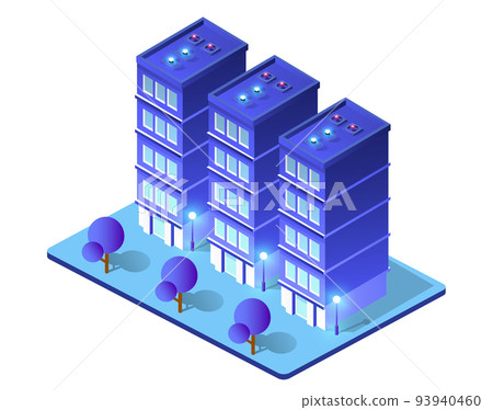 Night isometric smart blue ultraviolet city 3D illustration. Night isometric smart blue ultraviolet city 3D illustration. 93940460