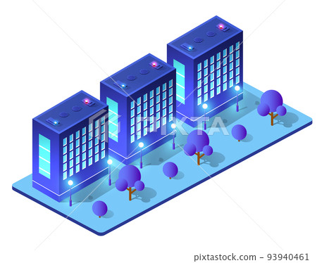 Night isometric smart blue ultraviolet city 3D illustration. Night isometric smart blue ultraviolet city 3D illustration. 93940461