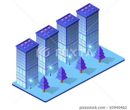 Night isometric smart blue ultraviolet city 3D illustration. Night isometric smart blue ultraviolet city 3D illustration. 93940462