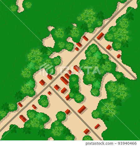 Top view landscape with rooftops, fields, 3d illustration Top view landscape with rooftops, fields, 3d illustration 93940466