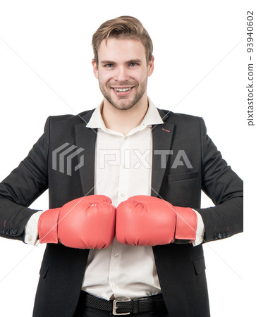 Keep fighting the good fight. Happy businessman hold boxing gloves together. Man boxer in suit 93940602